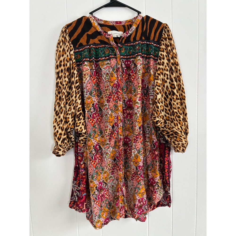 Anthropologie Mixed Print Tunic Leopard Tiger Floral Boho‎ Festival Patchwork